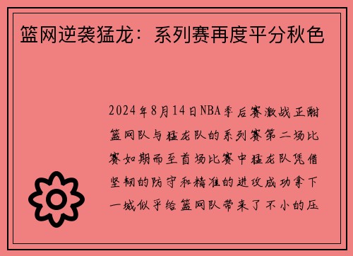 篮网逆袭猛龙：系列赛再度平分秋色